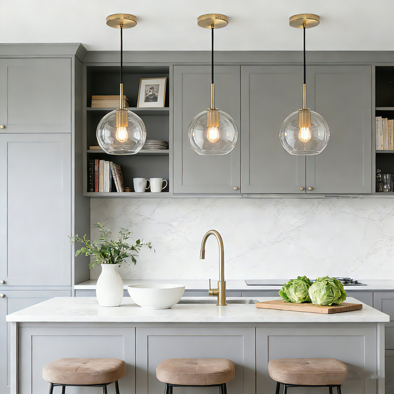 Luminaire suspendu en verre transparent moderne à 1 lumière à hauteur réglable pour îlot de cuisine, salle à manger et salon