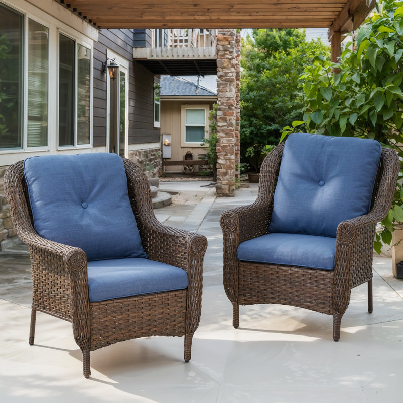 Habbe Outdoor Wicker Patio Chairs Set Of 2 With Olefin Cushions Weather-Resistant, Blue