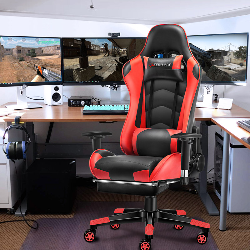 JL Comfurni JD-S0 Adjustable Reclining Ergonomic Faux Leather Swiveling PC & Racing Game Chair with Footrest, Black/Red