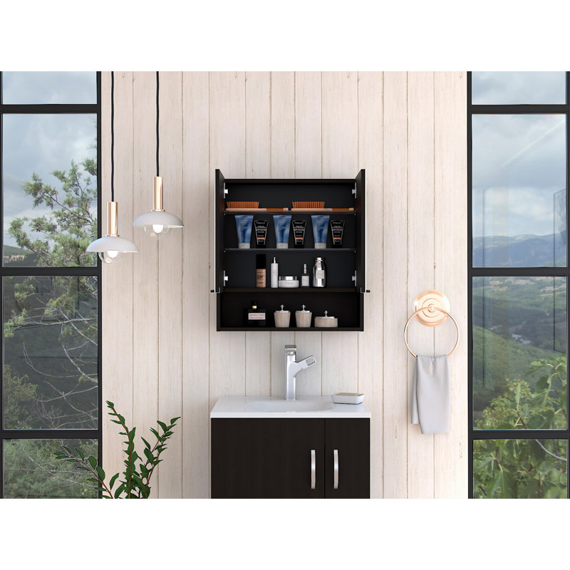 Jaspe Mirror Cabinet, Three Internal Shelves, One Open Shelf, Double Door Cabinet, Black