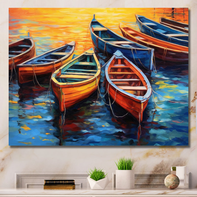 Bateaux dans le port I - art mural grand port côtier, H 24 po x l 32 po x P 1 po, Toile tendue