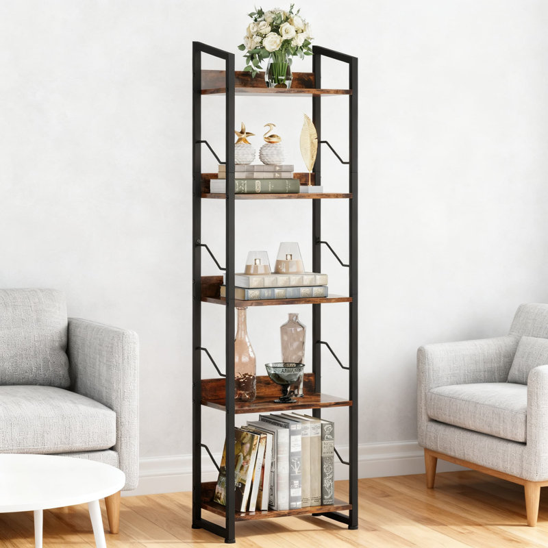 5-Tier Industrial Bookshelf With Edge Protection, Narrow Wood Bookcase Storage Organizer For Home Office Bedroom Display