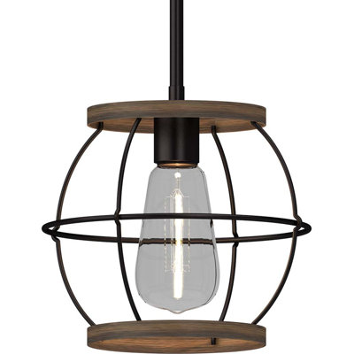1-Light Black & Wood Grain Caged Mini Pendant Light