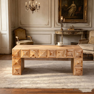 47.24" Rustic Geometric Relief Coffee Table - Solid Wood & MDF Rectangle Coffee Table with 3D Carved Details for Living Room