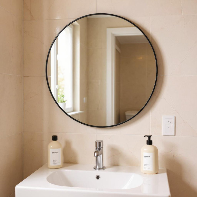 28" Round Black Metal Framed Wall Mirror for Bathroom & Living Room