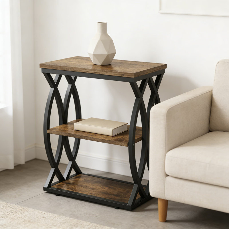 Table de bout étroite à 3 niveaux avec structure en métal, table d'appoint brun rustique avec tablettes ouvertes pour le salon, la chambre à coucher et les petits espaces, assemblage facile
