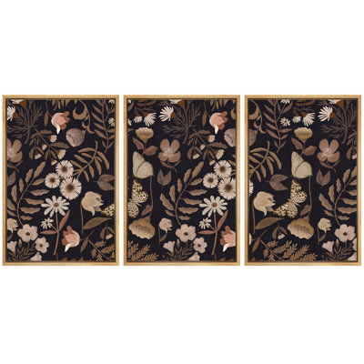 Dark Botanical Florals and Butterflies on Black Background - Pictures Framed Canvas Print 3 Pieces Wall Art.