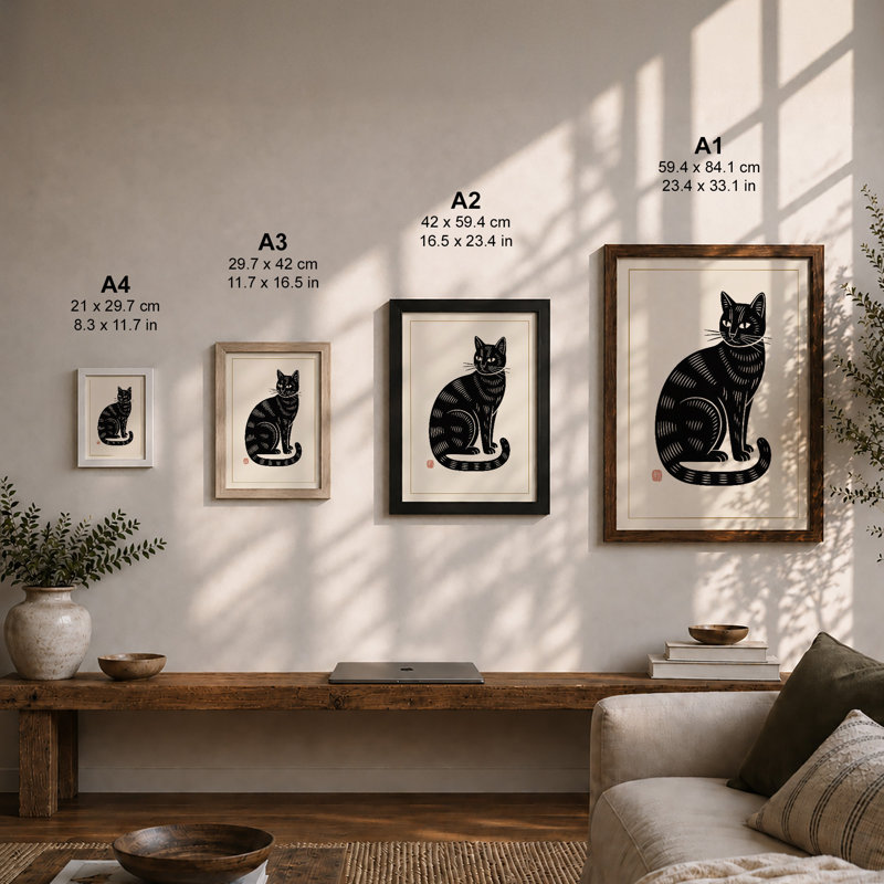 Smiling Cat Japandi - Framed Print, Unframed, A3 - 42.0 x 29.7 cm