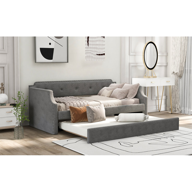 Upholstered Daybed With Trundle, Gray