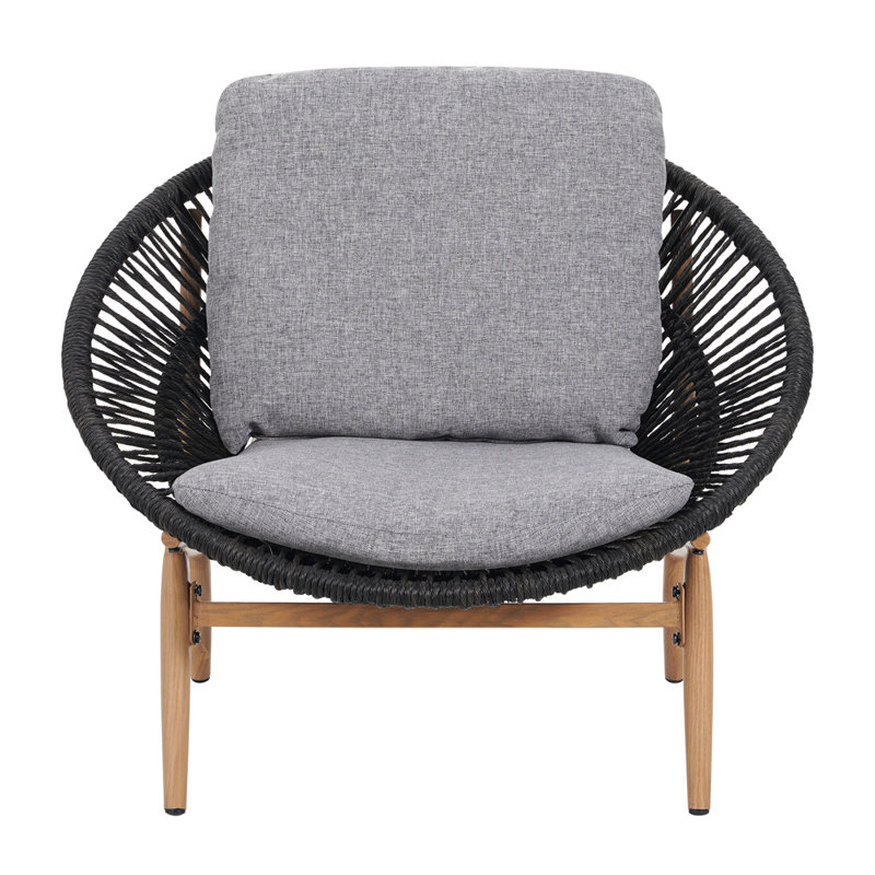 Cyril Outdoor Wicker Papasan Style Lounge Chair, Dark Grey Wicker With Plush Grey Cushion For Ultimate Comfort And Durability