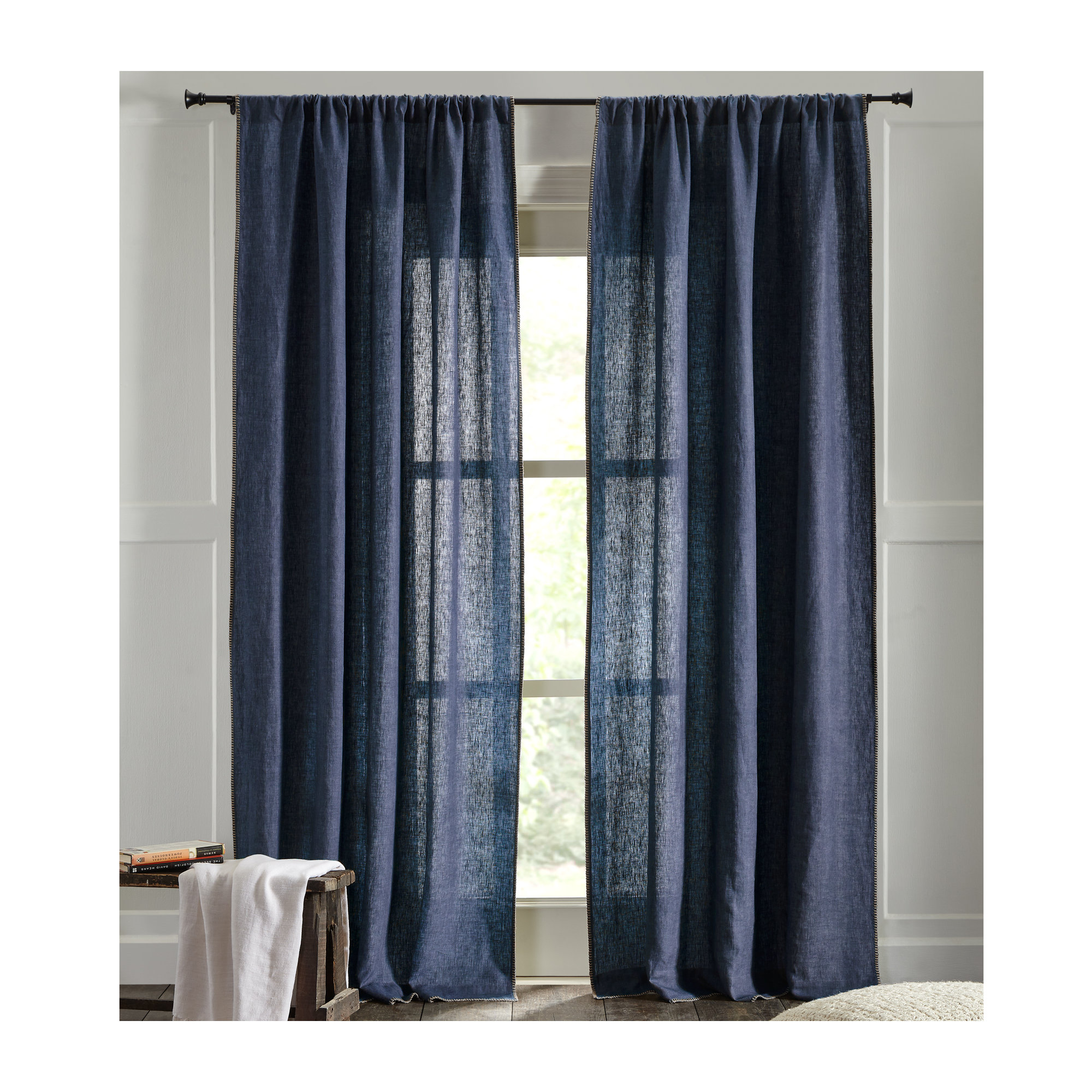 Brian Semi Sheer 100% Linen Curtain, Indigo, 50" W x 120" L