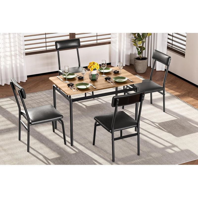 5-Piece Dining Table Set for 4, Wood & Metal Kitchen Dinner Table Set with 4 Upholstered Chairs, Modern Design and Space-Saving, for Dining Room, Apartment, Easy to Assemble, Black
