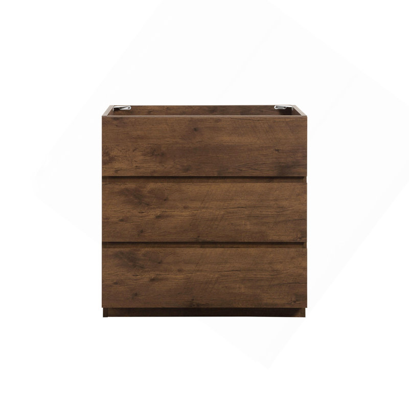 Armoire de plancher sans lavabo, noyer, avec trois tiroirs, pré-assemblée