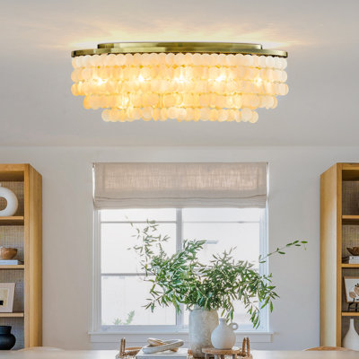 11-Light Unique/Statement Coastal Natural Capiz Shell Oval Tiered Flush Mount for Dining Room
