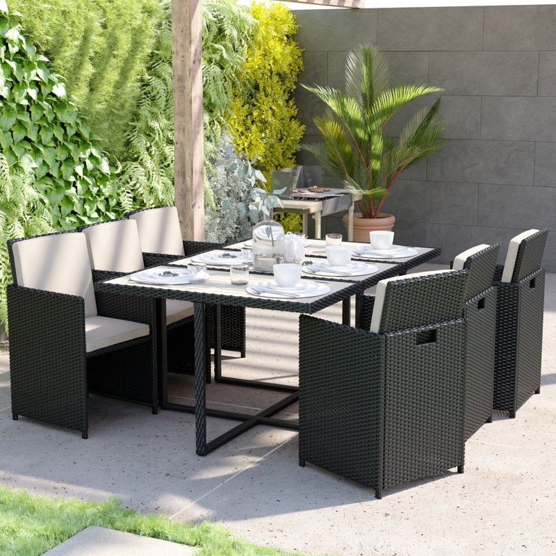 7 Piece Outdoor Patio Dining Set with Acacia Table & 6 Wicker Chairs, Gray