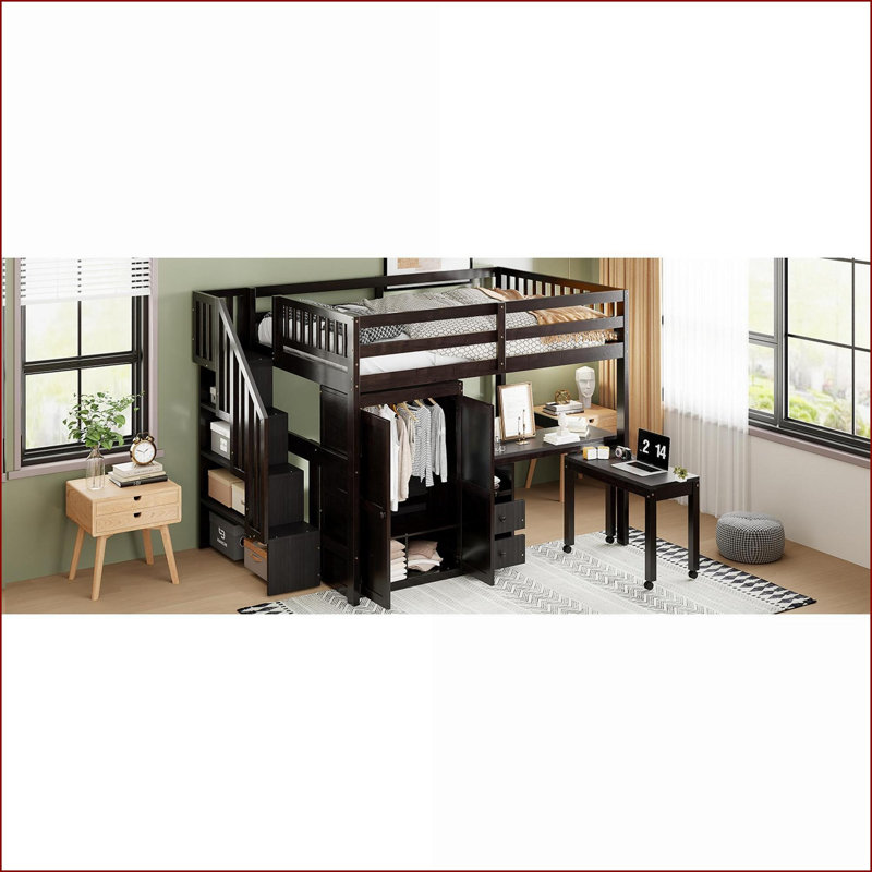 Full Size Pinewood &amp; MDF Multifunctional Loft Bed with Stairs Desk Storage Espresso – No Box Spring for Teens, Espresso