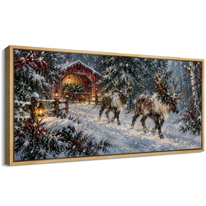 Forêt de Noël enneigée avec des rennes - Grande toile encadrée pour la chambre principale, 30" H x 60" W x 1.5" D, Natural