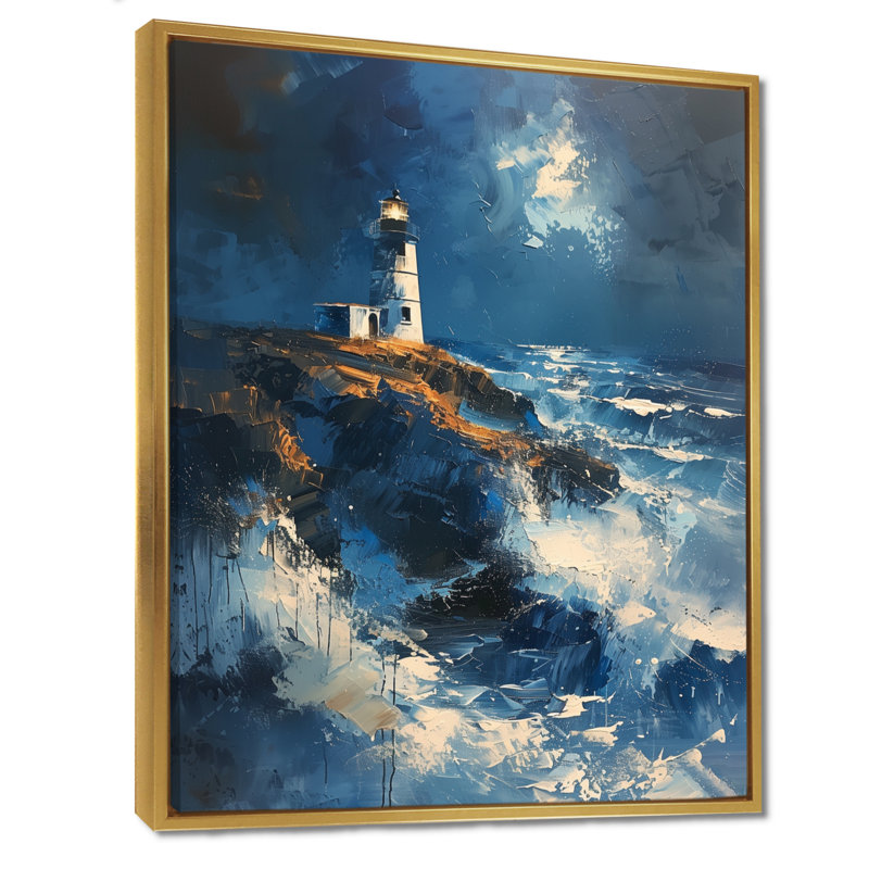 Décoration murale phare bleu orageux II - Phares, Cadre flottant doré, H 24 po x l 32 po
