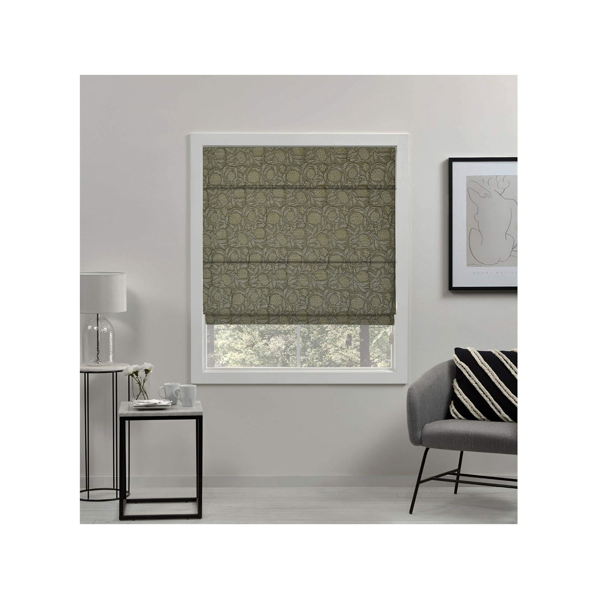  Floral Handmade Block Printed 100% Blackout Linen Roman Shade for Windows and French Doors, Corded Blinds for Living or Bedroom, Brown, Room Darkening, Merakhi
