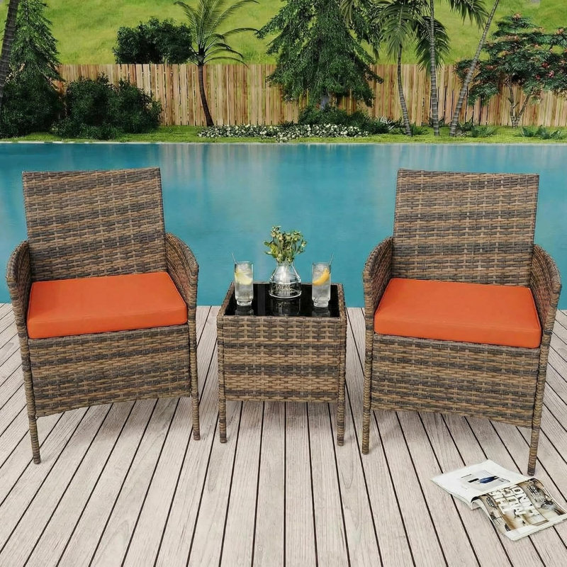 3 Piece Patio Bistro Set, Outdoor PE Rattan Wicker Furniture Set with 2 Chairs and Glass Top Coffee Table, Small Porch Furniture Conversation Set with Cushions for Balcony, Yard, Garden