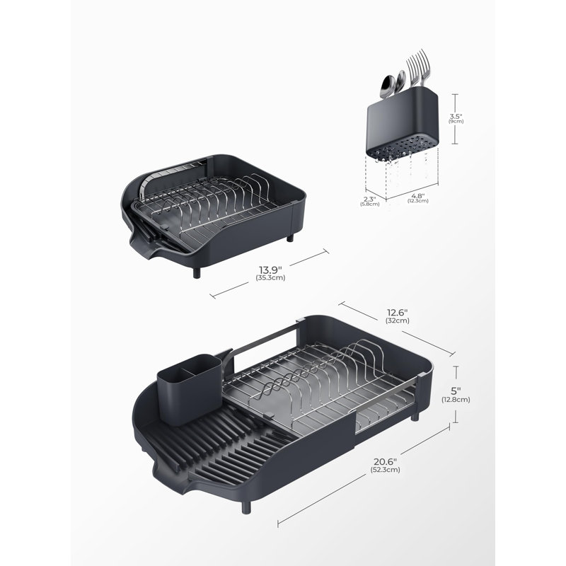 Expandable Deep Gray Stainless Steel Dish Drying Rack with Utensil Cup