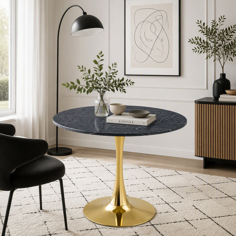 Table tulipe ronde 31,5 pouces avec plateau en faux marbre, Or / gris