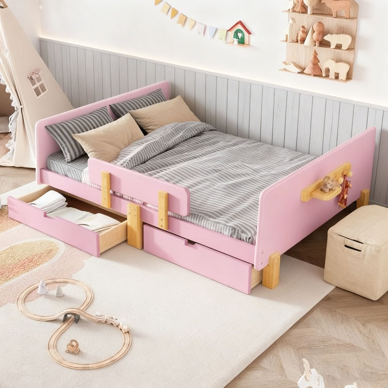 Lit plateforme avec tiroirs de rangement, structure de lit en bois massif avec garde-corps, petite tablette et crochets, Rose