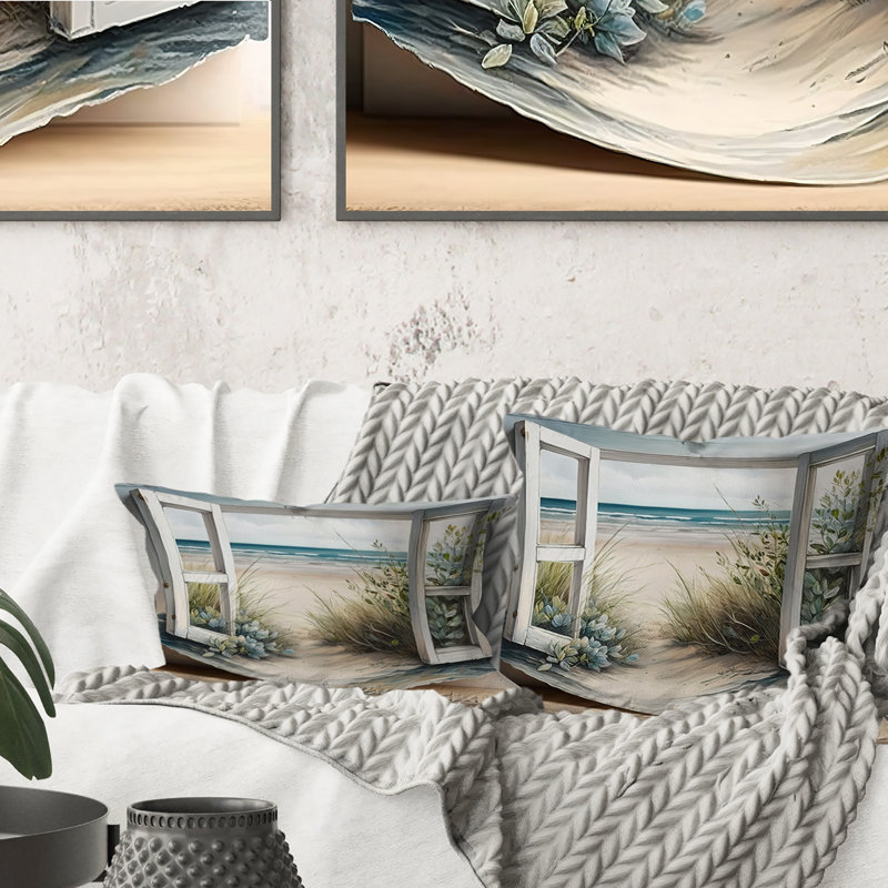 Fenêtre sur la plage V - Coussin imprimé plage côtière, H 18 po x l 18 po, Carré
