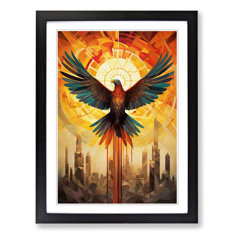 Phoenix Geometric - Single Picture Frame Print on Wood, 46cm H x 34cm W x 2cm D, Black Framed