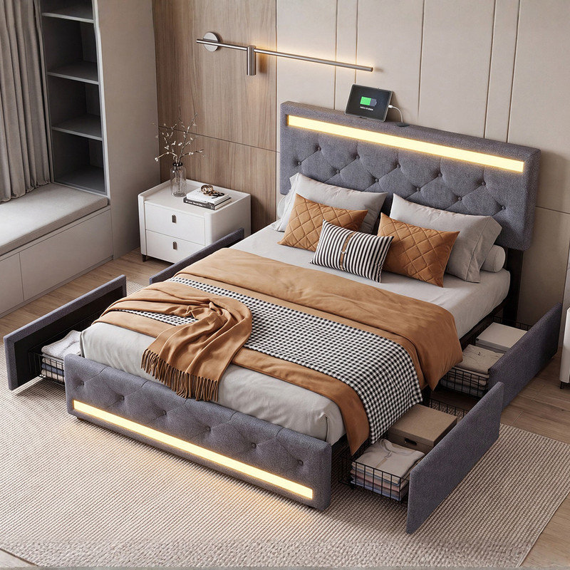 Storage Bed with Drawers, LED Lights and USB-C Charging Port, Tufted Fabric Upholstered Platform Bed, Quiet Slat Support