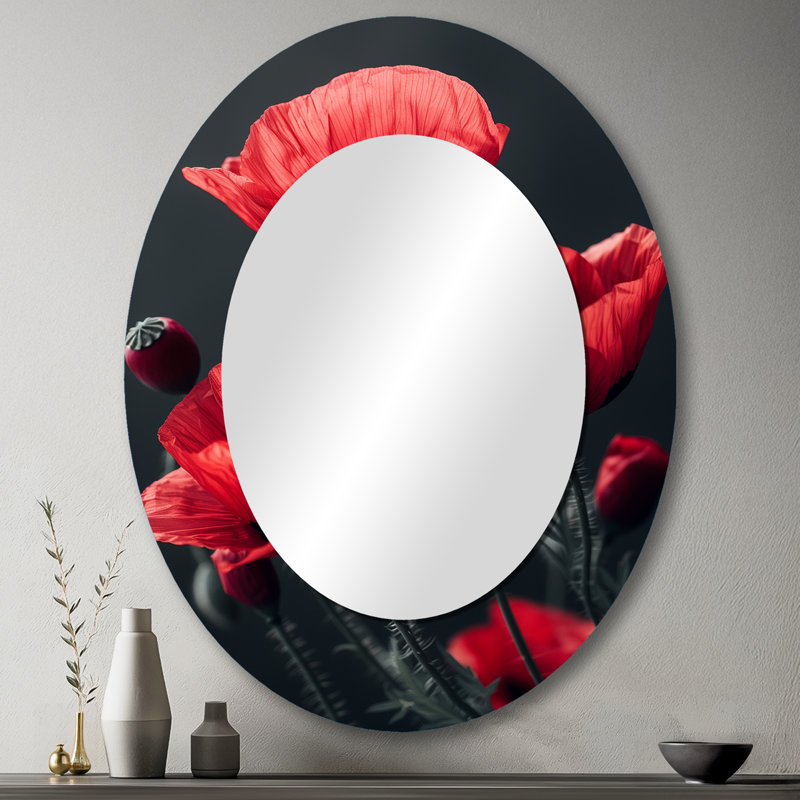Coquelicots rouges et noirs - charme monochrome I - miroir mural ovale rouge, 43 po x 33 po