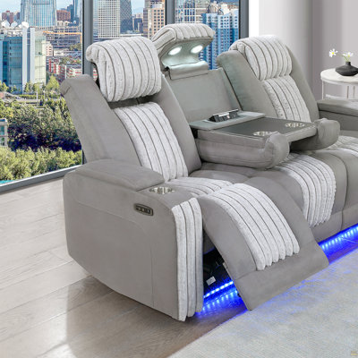 Duran Grey Power Reclining Sofa With Power Headrest, LED And Drop Down Table With Reading Light