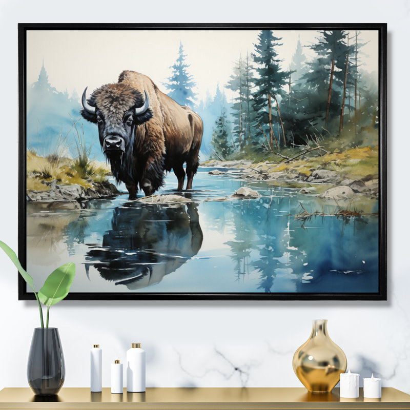 Bison Bison Reflections II - animaux, art mural, salon, Cadre flottant noir, H 34 po x l 44 po x P 1,5 po