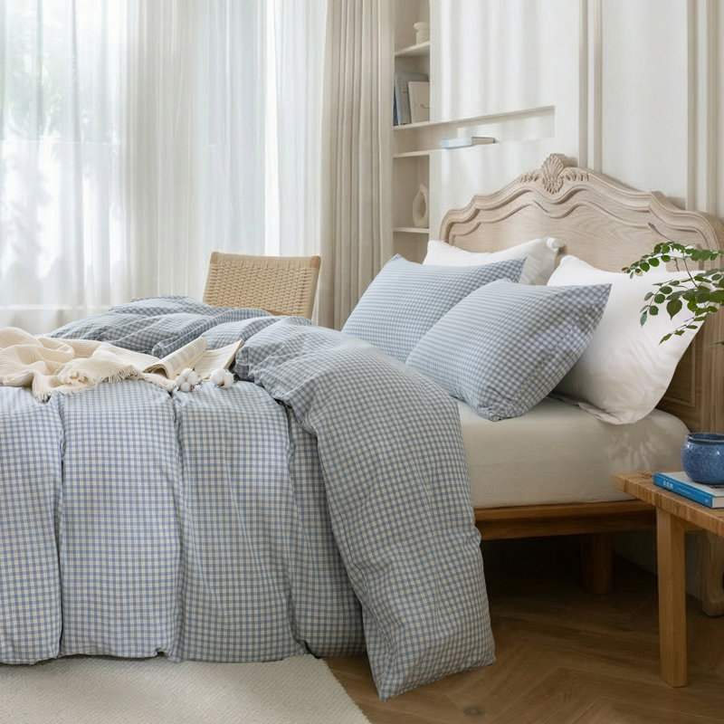 Ensemble de housse de couette 100% coton lavé, motif à carreaux classique, literie douce et respirante avec double fermeture à glissière cachée et taies d'oreiller enveloppantes