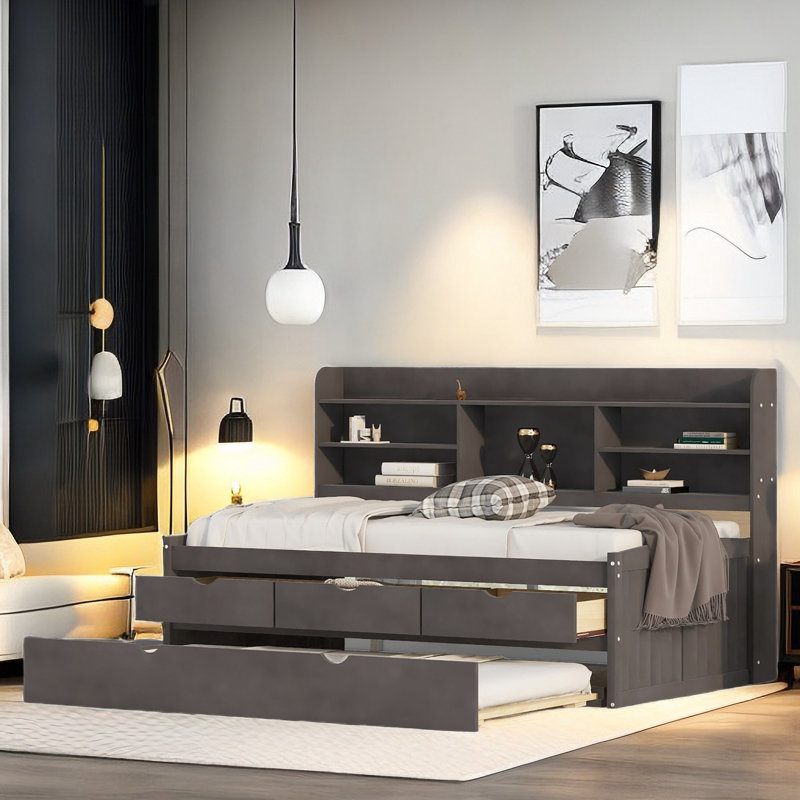 Wooden Daybed With Built-in Bookshelves, Three Storage Drawers And Trundle, Black