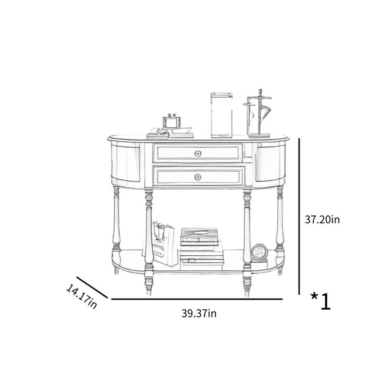Buffet décoratif demi-rond tout en bois massif All, H 37,2 po x l 39,37 po x P 14,17 po, Blanc
