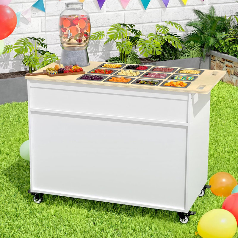Charcuterie Cart with Stainless Steel Food Pans, Mobile Pizza Topping & Salad Bar Station, Buffet Serving Table for Home, Party , Catering