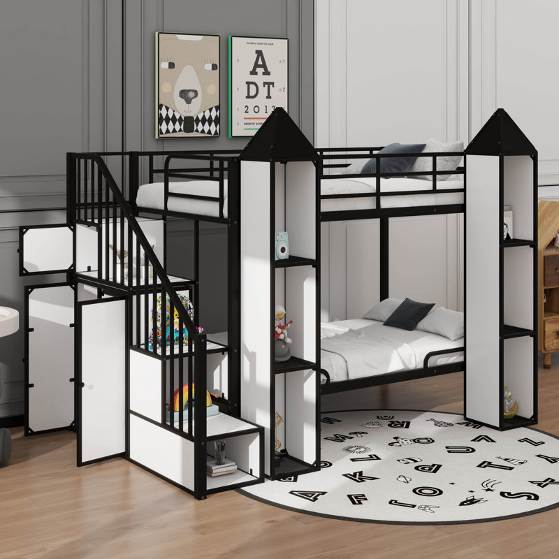 Lit superposé simple en métal d'inspiration château avec garde-robe intégré en métal, Noir / blanc