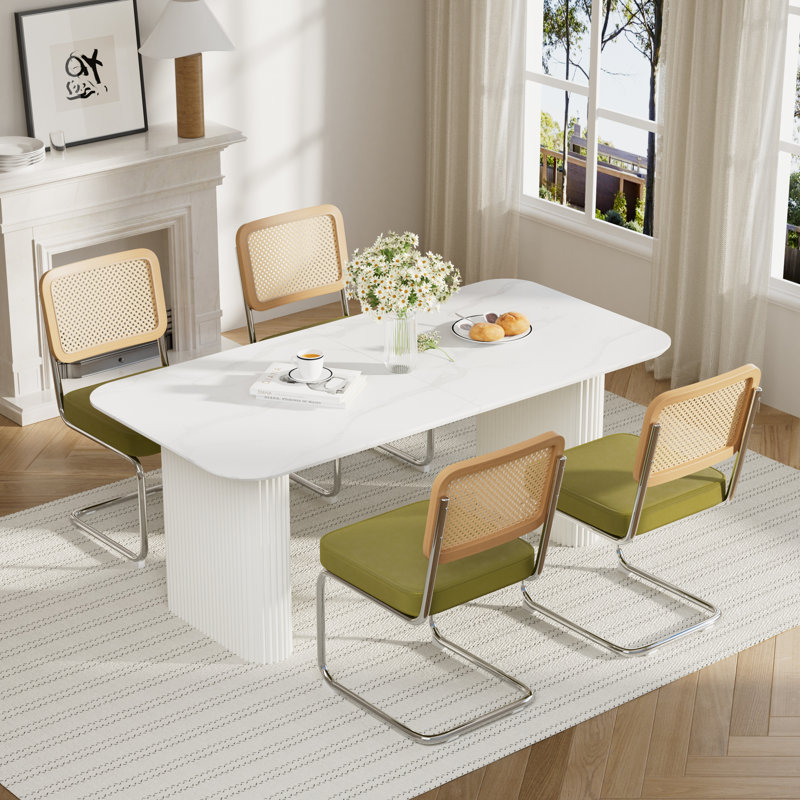 Ensemble de table de salle à manger Elegant, Blanc, Vert olive, 5 pièces: table, 4 chaises