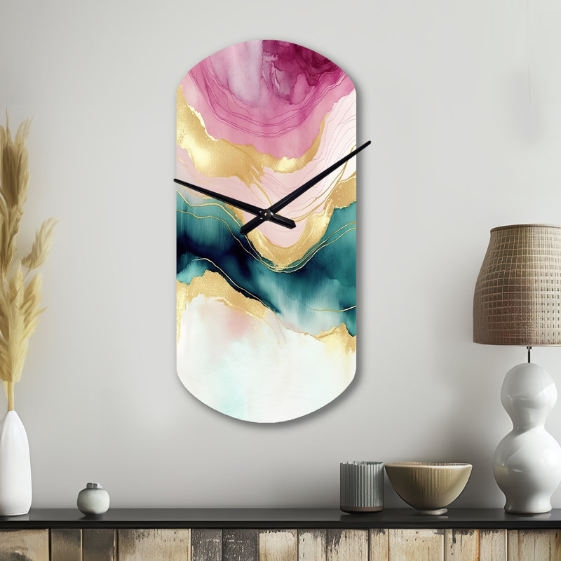 Abstract Geode Marble Waves Pink III - Cylinder Shape Large Pink Wall Clock Sculpture, Small