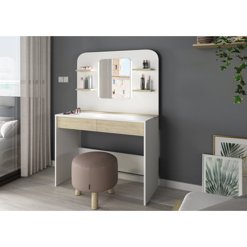 Marceline Kids Vanity Table with Mirror, Natural Oak/White