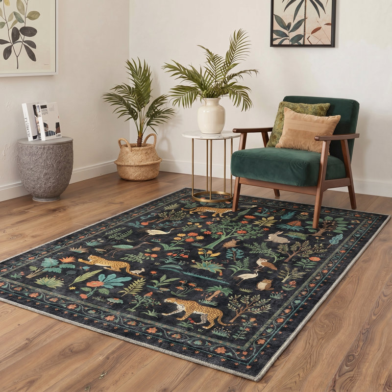 Veridian Floral Machine Washable Green / Black Indoor Area Rug with Non-Slip Backing, Rectangle 8' x 10'