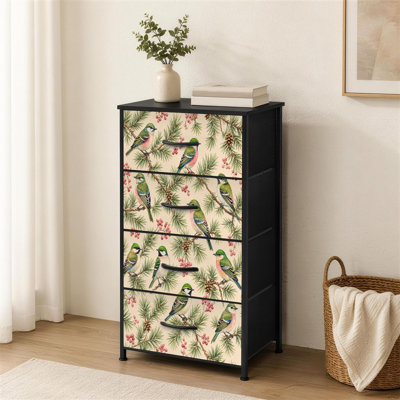 Commode 4 tiroirs pour chambre à coucher de style rétro oiseaux verts branches de pin petites baies rouges grande commode pour les organisateurs de placard avec commode