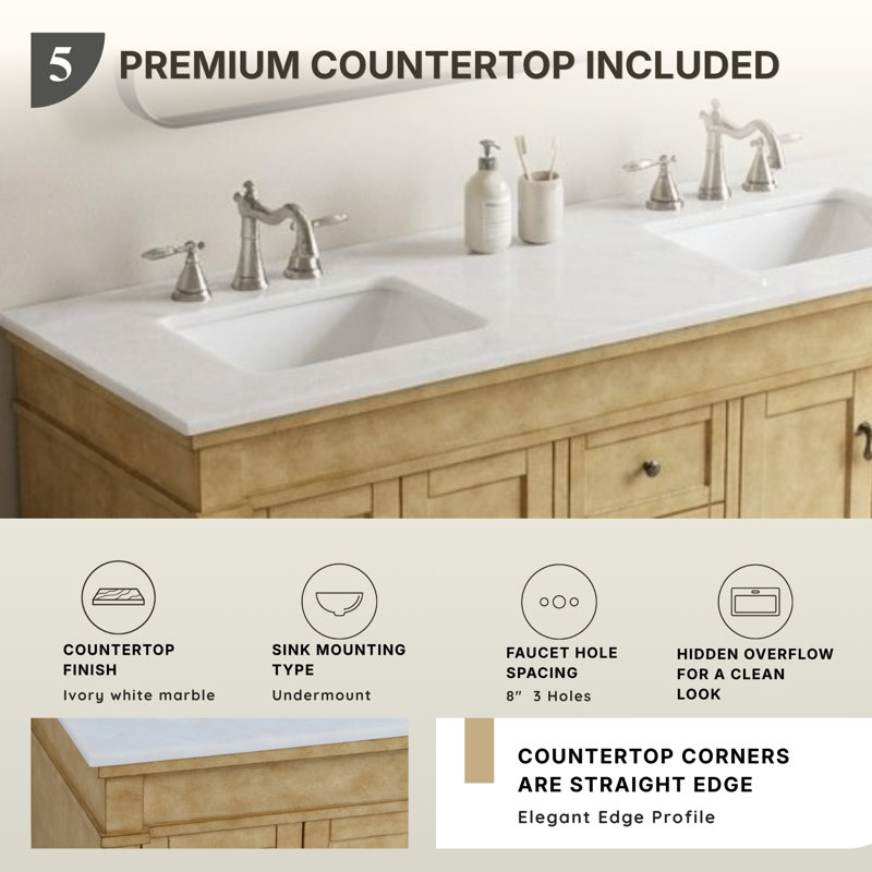 Ensemble de meuble-lavabo double 60 po Lexington, Beige antique, Veines blanches / brunes