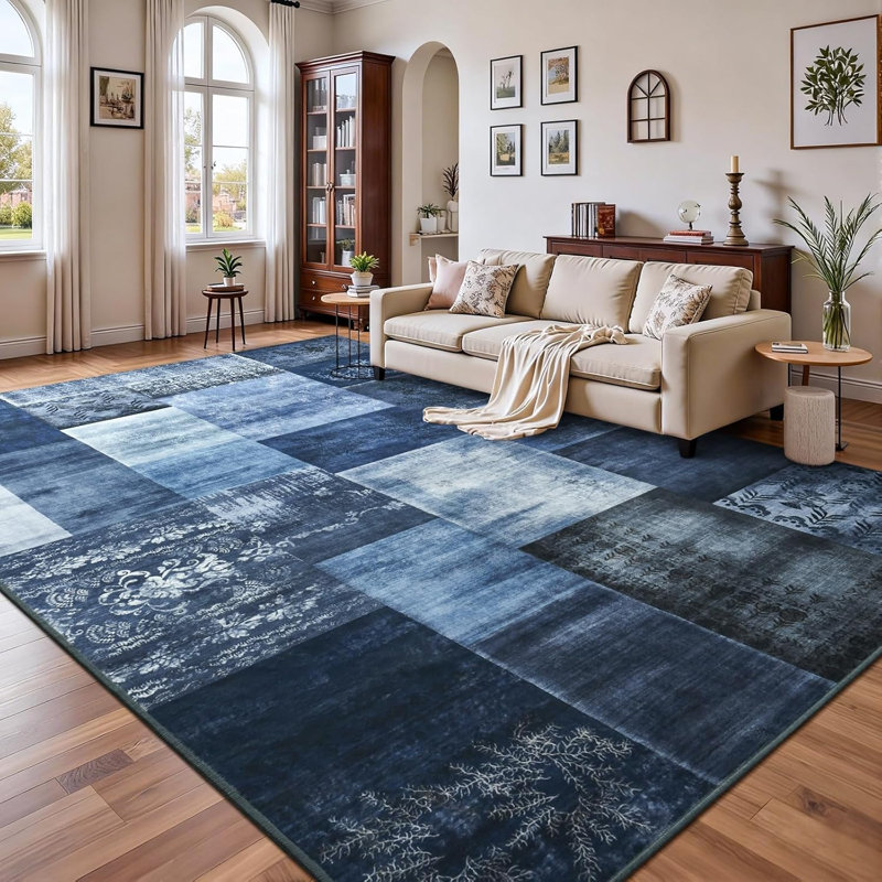 Tapis à motif géométrique rétro Vintage, Blue, Rectangle 8' x 10'