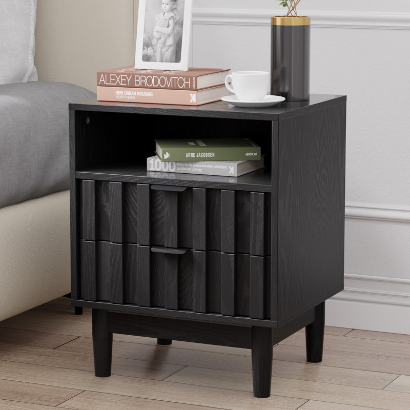 19'' W Fluted Nightstand with 2 Storage Drawers, 1 Open Shelf, Black, Individual