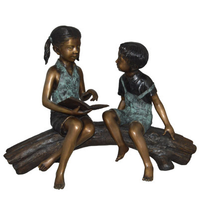Boy & Girl Reading on Tree Log Bronze Statue – Elegant Landscape Sculpture Decor, 37"L x 14"W x 27"H