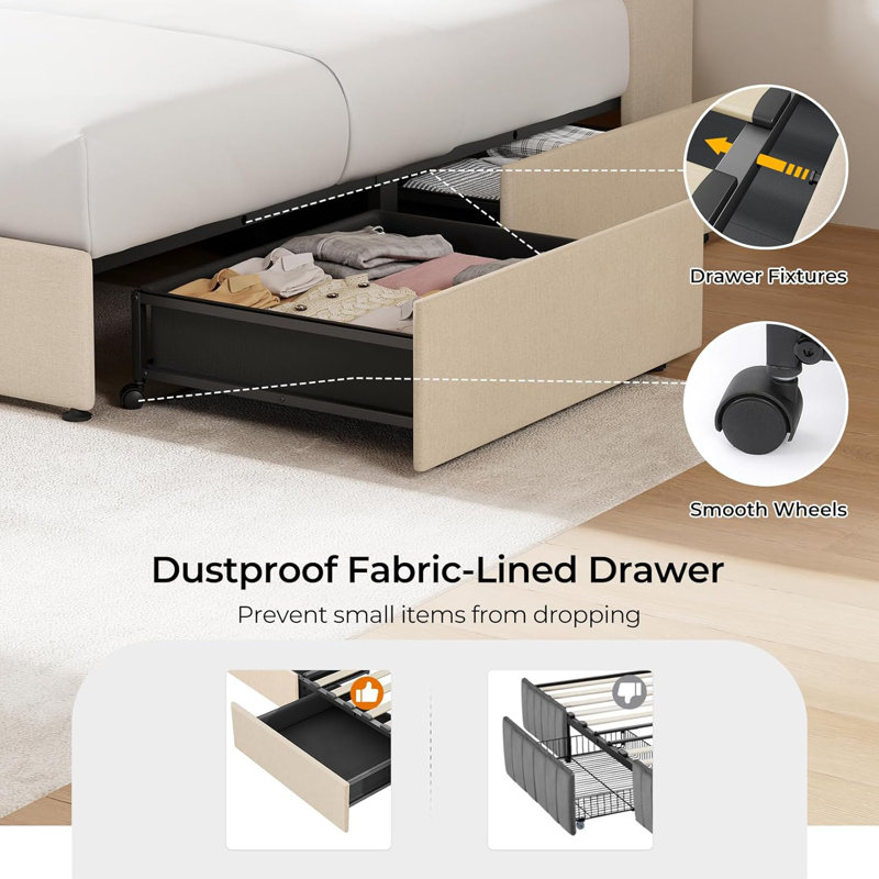 Full Beige Upholstered Bed Frame with LED Lights and Storage Drawers