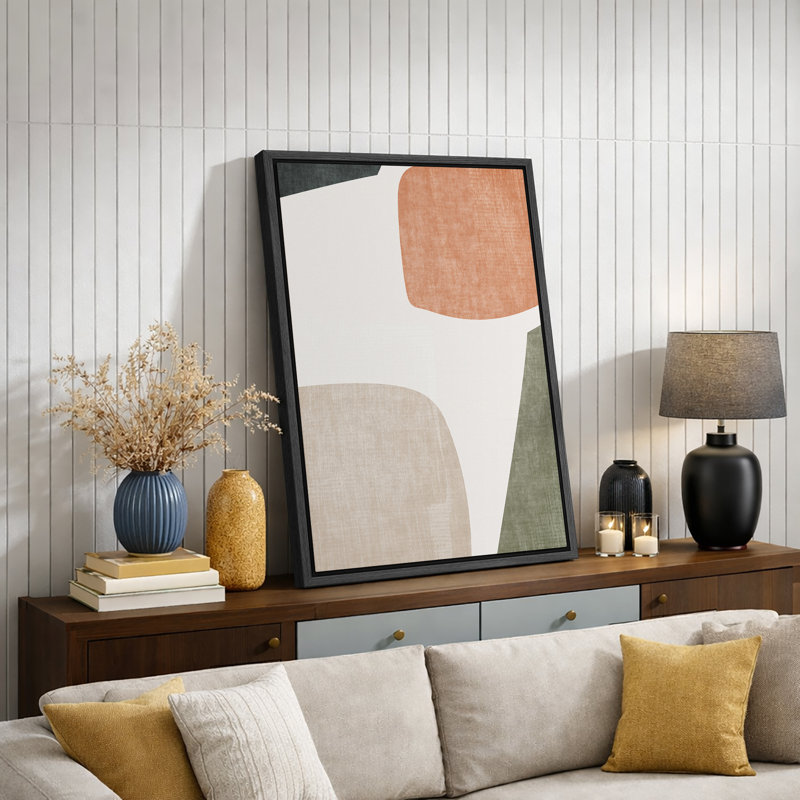 Mid Century Shape "Muted Abstract Color Blocks Artwork, Vibrant Simple Neutral Modern Wall Pictures, Framed Canvas Giclee Print Wall Art"
