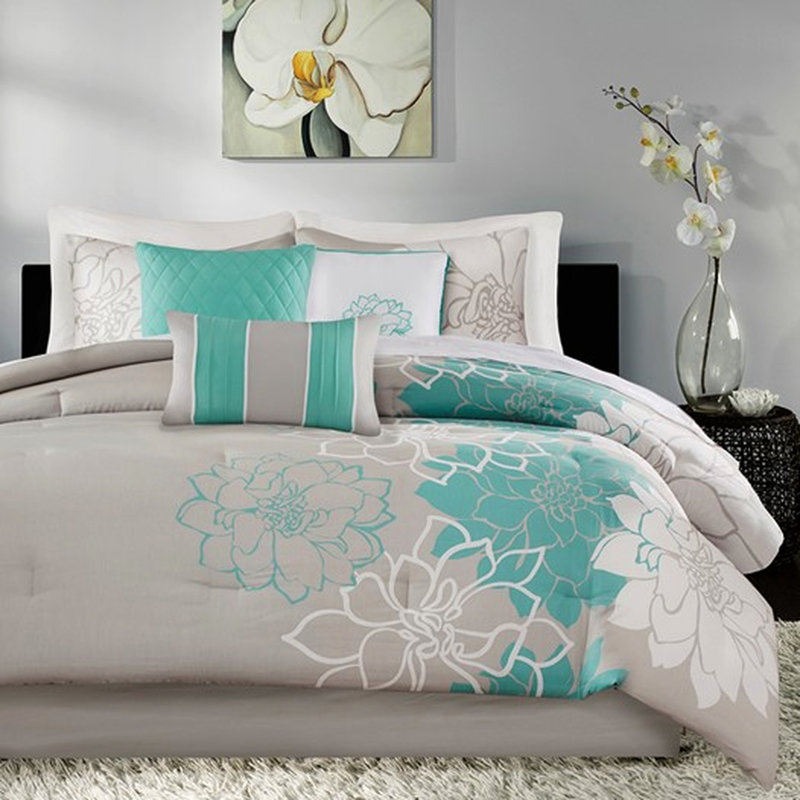 Édredon imprimé en coton pour lit simple / simple TG, Turquoise, Édredon simple / simple TG + 5 pièces supplémen